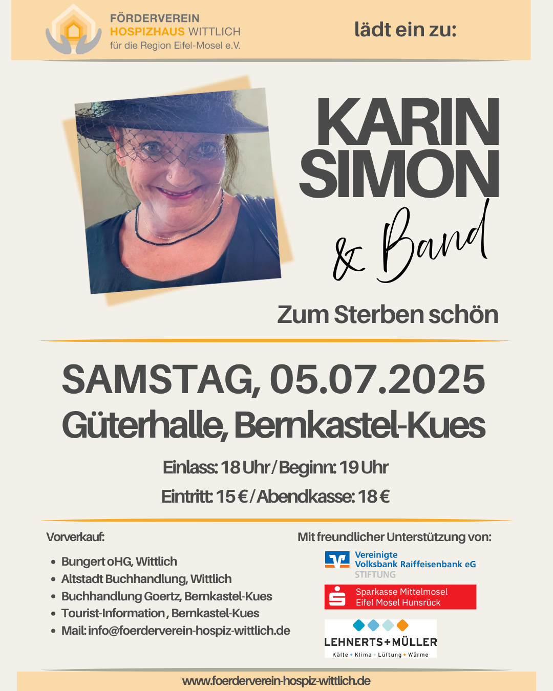 Plakat_FoerdervereinHospiz_KarinSimon i Ankündigung Veranstaltung Karin Simon & Band "Zum sterben schön"